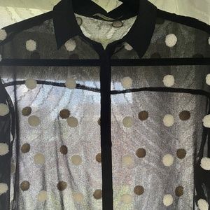 Zara Basic Sheer Black & White Polka Dot Long Sleeve Blouse